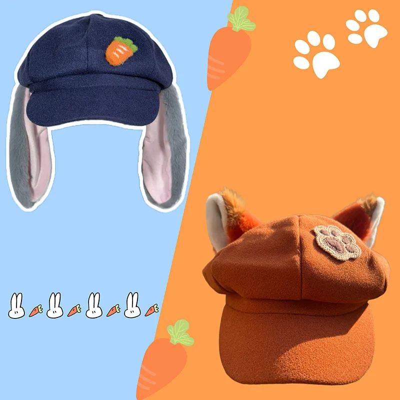 Halloween Judy Rabbit Nick Fox Ears Cosplay Hat Octagonal Big Head Circumference Accessory Cute Autumn And Winter Hat Beret