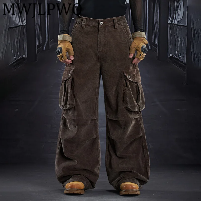 

MWJLPWQ мужские плиссированные вельветовые свободные прямые брюки в американском стиле ретро с несколькими карманами для мужчин и женщин, уличные брюки 12839