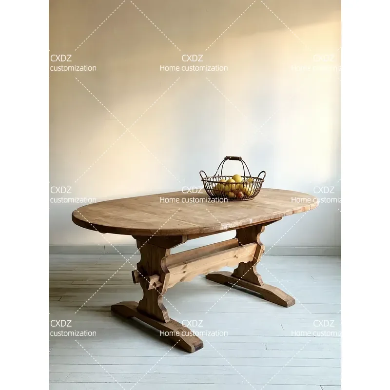 French retro solid wood oval dining table shop homestay vintage utensils display table medieval desk