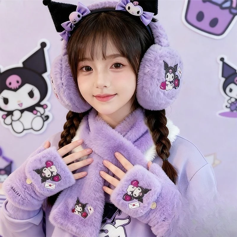Sanrio Kuromi Cartoon süßes Mädchen Fleece warmer Halstuch kreative Kawaii Mädchen Herz verdickte kältebeständige Handschuhe und Ohrenwärmer