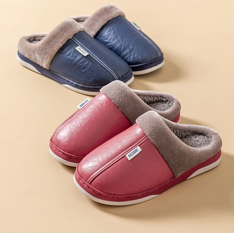 Herren Winter PU-Leder Wasserdichte Geschlossene Warme Hausschuhe, Slip-On mit Dickem Plüschfutter, Rutschfeste Weiche Sohle, Gemütliche Hausschuhe – Detail 12