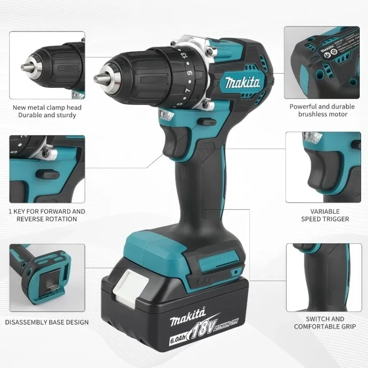 Makita DDF487 10mm para batería de 18V taladro de impacto eléctrico recargable de litio sin escobillas destornillador de torsión grande