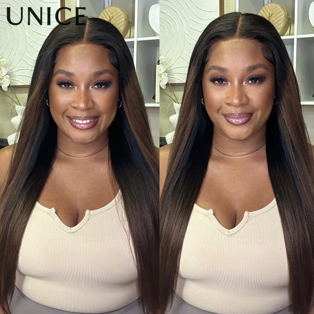 UNice 7x5 & 13x4 Lace Chestnut Brown Ombre Yaki Straight Human Hair Wig With Drawstring