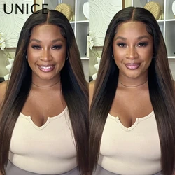 UNice 7x5 & 13x4 Lace Chestnut Brown Ombre Yaki Straight Human Hair Wig With Drawstring