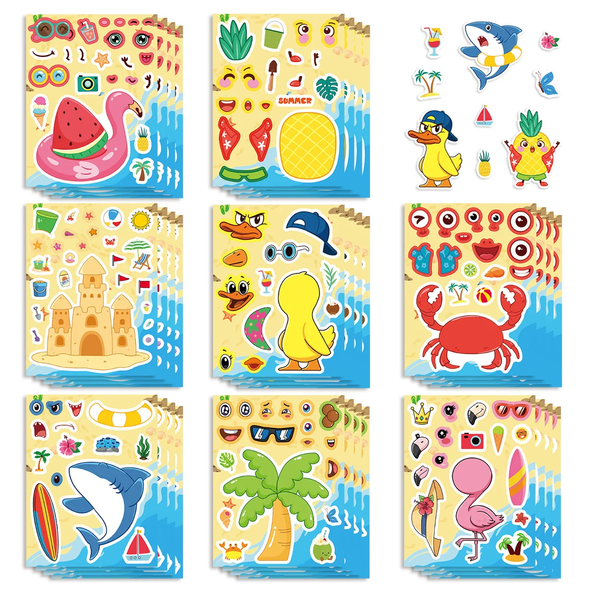 16Sheets Summer Beach Make a Face Puzzle Stickers Cute Shark Duck Decal DIY Luggage Phone Guitar Scrapbook Waterproof Sticker