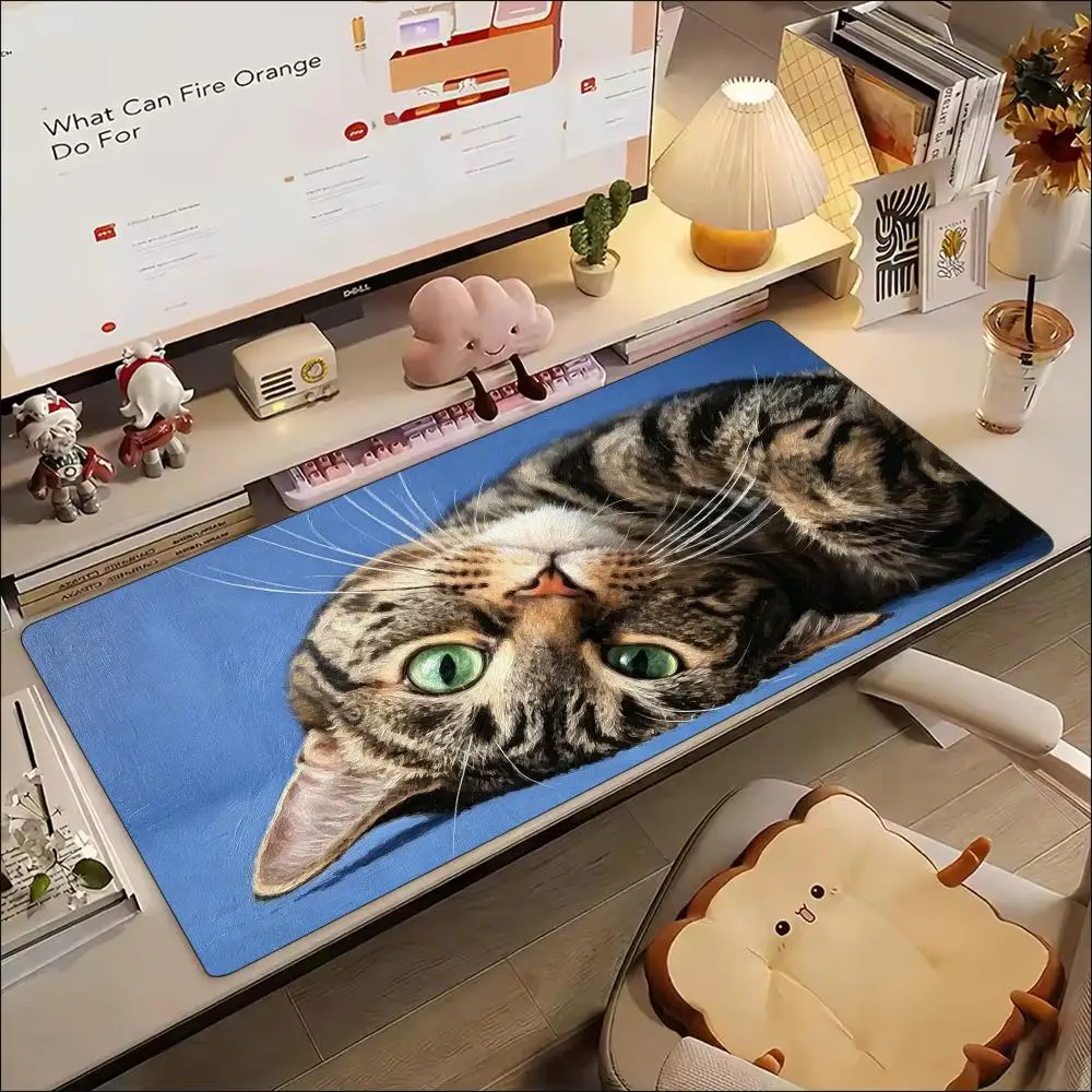 Tabby Cat Face Green Eyes Cute XXL Mouse Pad Non Slip Rubber Base HD Print Oversized Desk Mat for Cat Lovers Gaming Desk