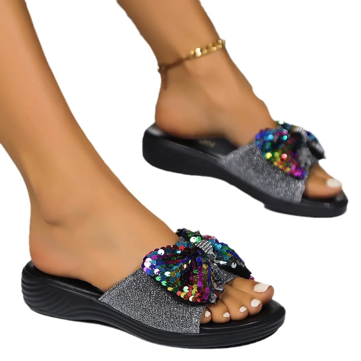 Bow Sequin Slippers Women New Fashion Summer Lightweight Sandals Outdoor Banquet Parties Thick Soled Casual Shoes Durable Wedges