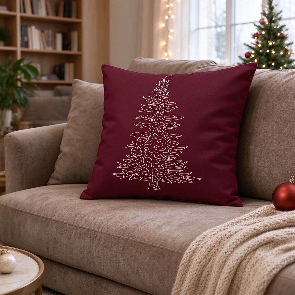 2PCS Burgundy White Christmas Tree Pillow CoverPolyester Cushion Case for Sofa Couch Living Room Bedroom Home Decor