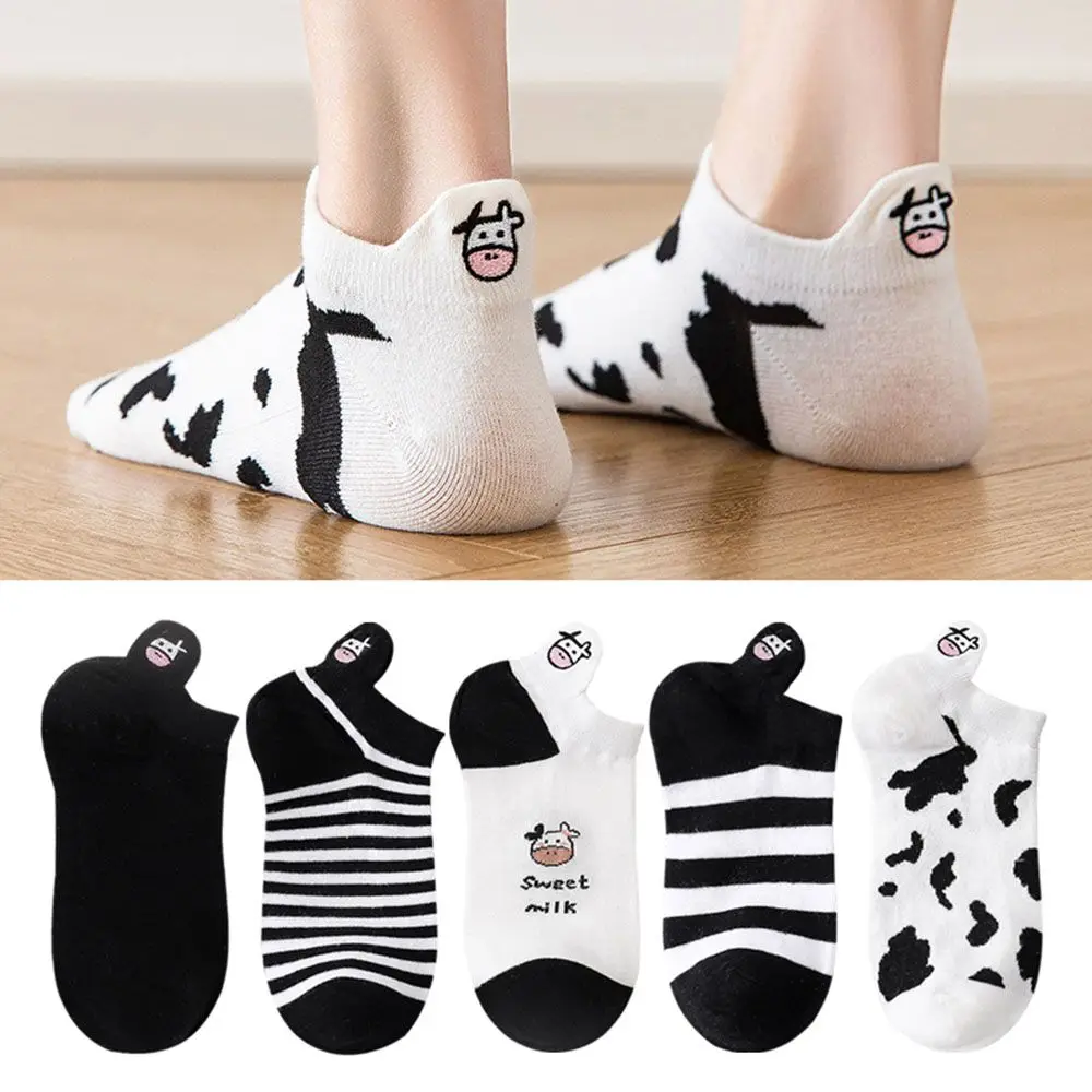 Calcetines tobilleros a rayas de vaca para mujer, medias informales, súper finas, de dibujos animados, color blanco y negro, novedad