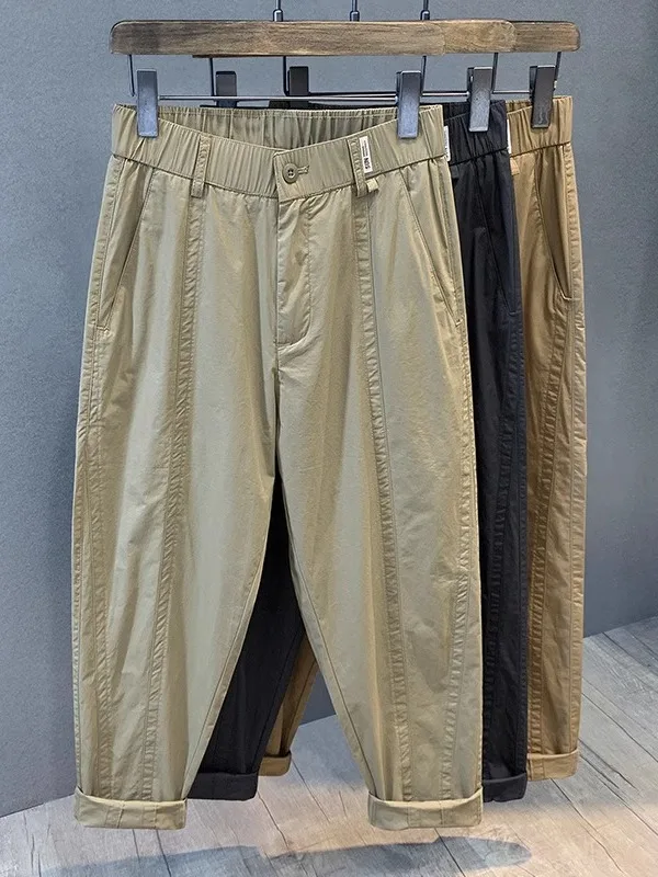 

Lightweight Breathable Men's Cotton Straight Leg Casual Pants Loose Fit Summer Workwear Nine-Tenths Trousers Trendy Brand