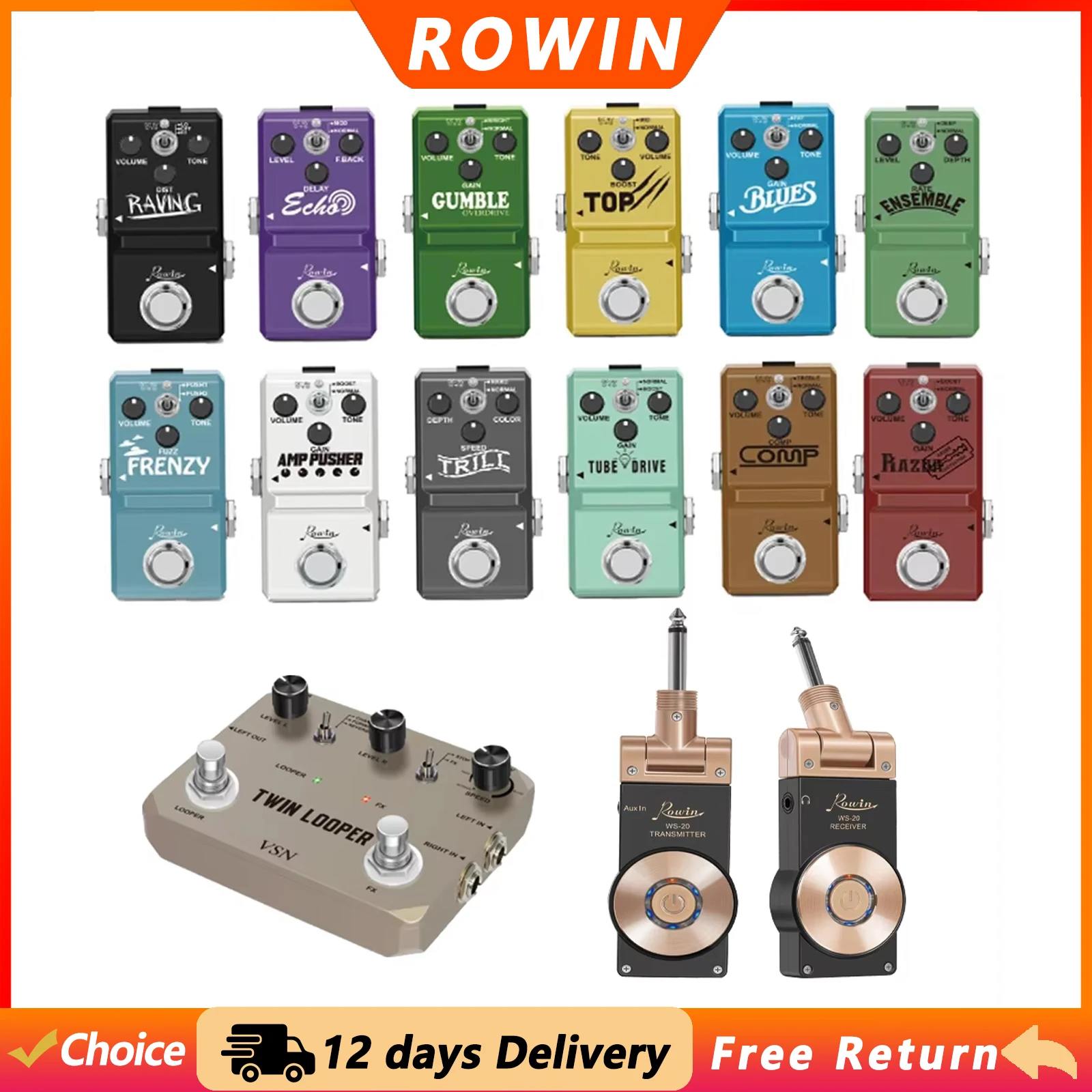 ROWIN Guitar Effect Pedal Distortion-HUNK/Noise Gate/Wireless Guitar Transmitter Receiver Electric Guitar Parts & Accessories