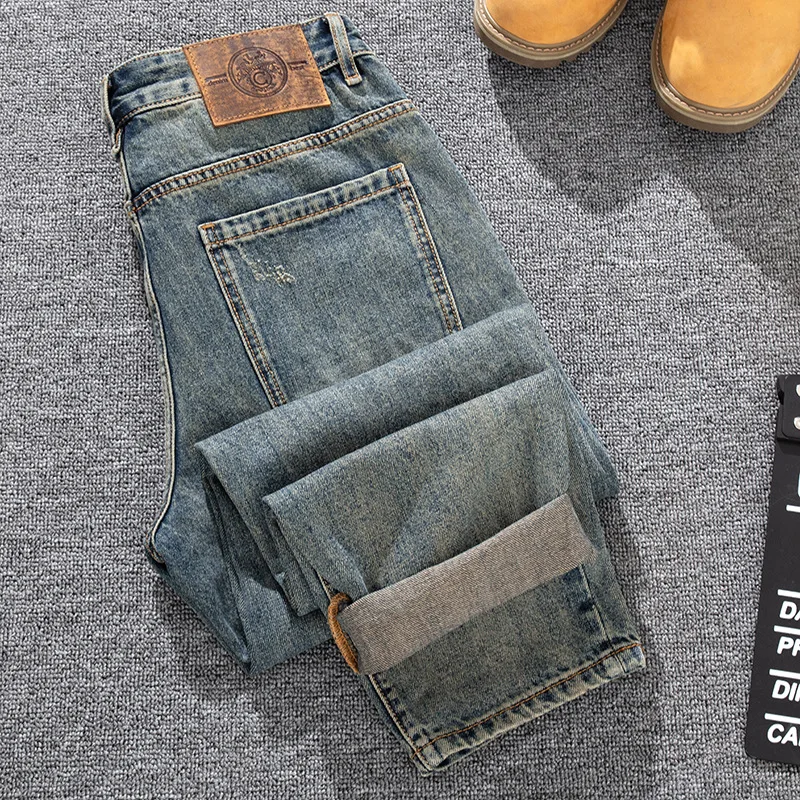 Loose straight leg jeans for men, retro distressed patch, embroidered teddy bear print, Korean fashion pants