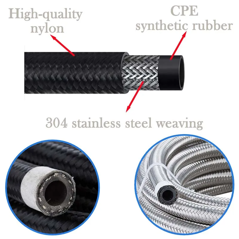 AN4 -AN20 1M Universal Fuel Hose Oil Gas Cooler Hose Line Pipe Tube Nylon Stainless Steel Braided Inside CPE Rubber