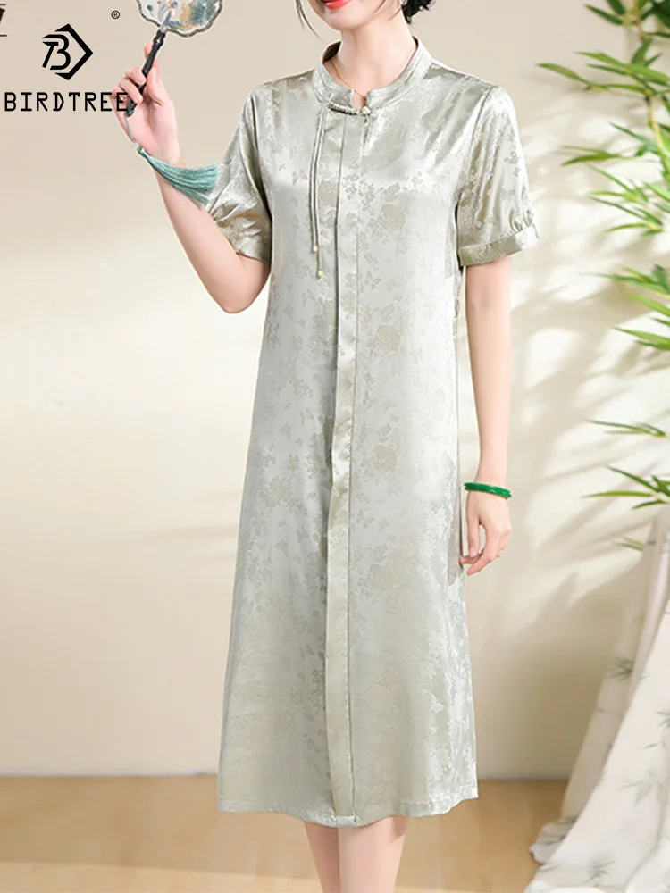 BirdTree 90% Natural Silk Vest Dresses, Women's Short Sleeve Jacquard, Elegant New Chinese Style Dress, 2024 Summer D44423QM