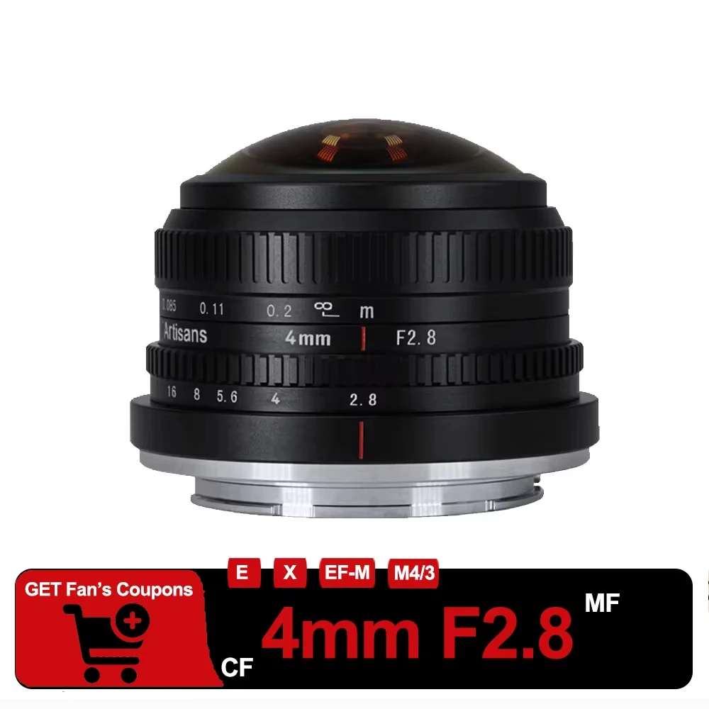7artisans 4mm F2.8 APS-C fisheye-lens met handmatige focus, groothoek, grote prime-lens voor Sony A7III en Fuji X-T10.