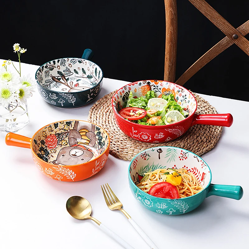 Single Handle Ceramic Bowl Noodle Bowls Forest Animal Design Large Dish Restaurant Household Flower Bowl Home Decoration