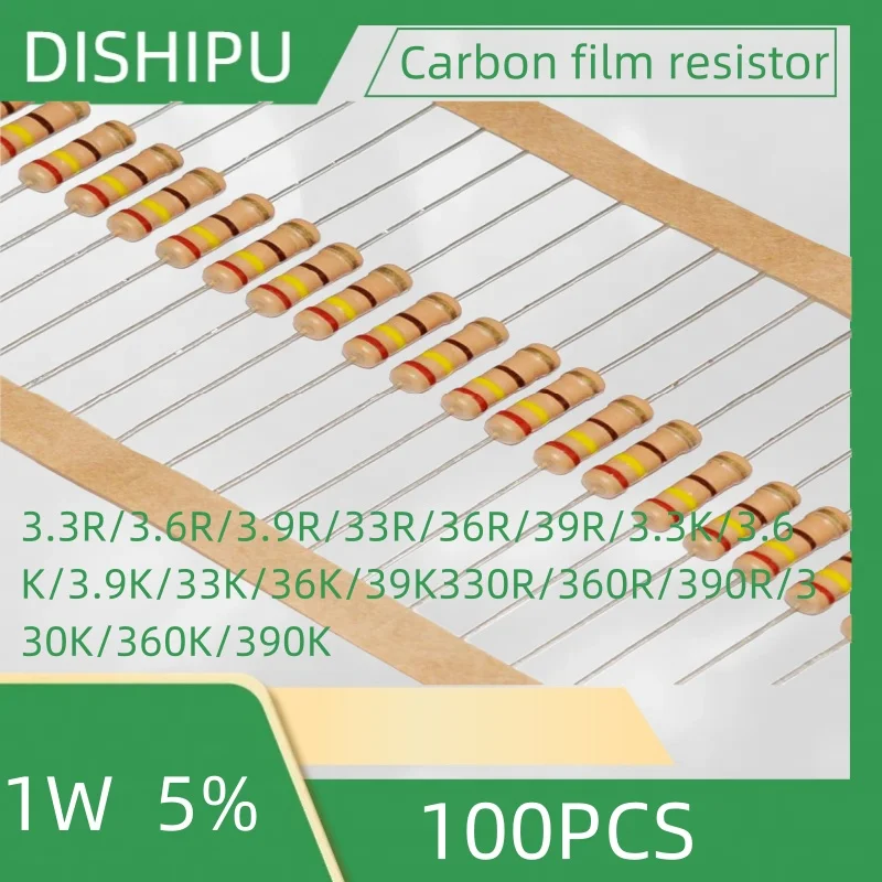 

100PCS 1W carbon color ring resistance R / 360 R 3,9 R / 3.3 33R / 36R/del / 3,9 K K K / 360/3.3 33K / 36K 39K carbon 330R / 360