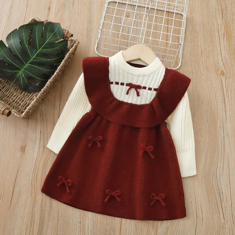 

2025Girls Autumn and Winter New Bow Knitted Long Sleeve High Quality Sweater Dress