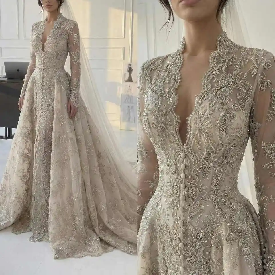 

Princess Bridal Gowns Deep V Neck Long Sleeve A Line Wedding Dresess Beaded Appliques Vestidos De Novia Customized