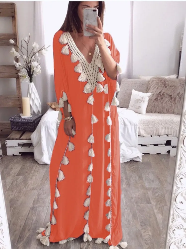 Sukienka damska z dekoltem w serek, rękawami do połowy, elegancka, jesienna, w jednolitym kolorze, koszula z frędzlami, luźna, w stylu boho, codzienna, łączona sukienka damska.