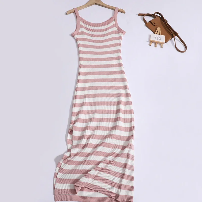 2024 New Summer Sexy Contrast Color Striped Clavicle Dress with Slip Tight Waist Slim Split Knitted Long Dress Women