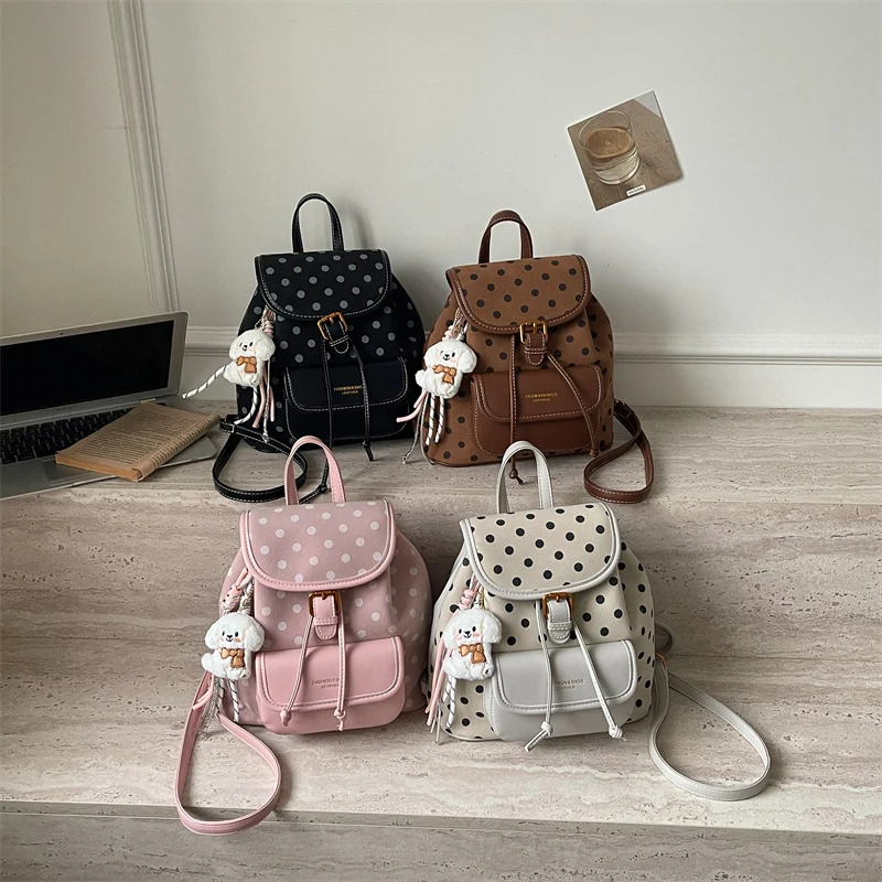 Kawaii Pink Polka Dot Mini Backpack Drawstring Flap Design Faux Leather Patch Pocket Cute Puppy Plush Keychain Small Daypack