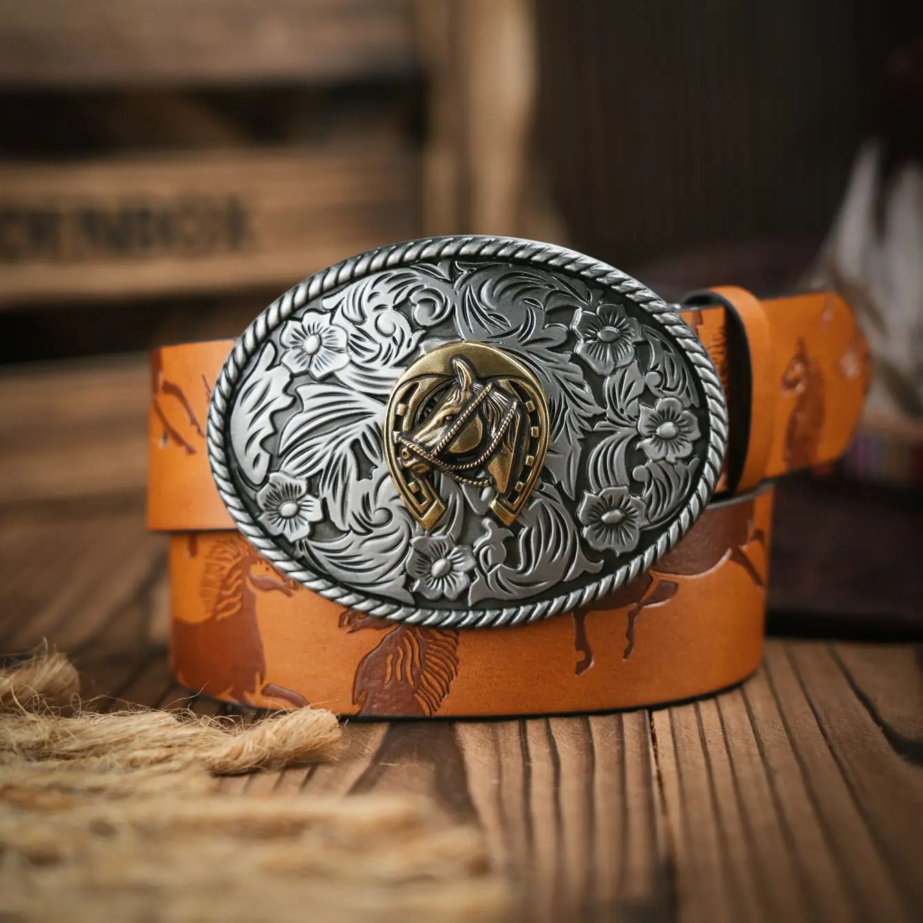 Western Cowboy PU Leather Belt - Men Waist Strap Bull Decoration Floral Engraved for Jeans