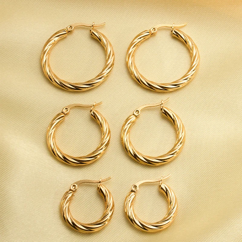 Vintage Gold Women's Round Diagonal Stripe Stainless Steel Hoop Earrings, Simple & Personalised Ear Jewellery