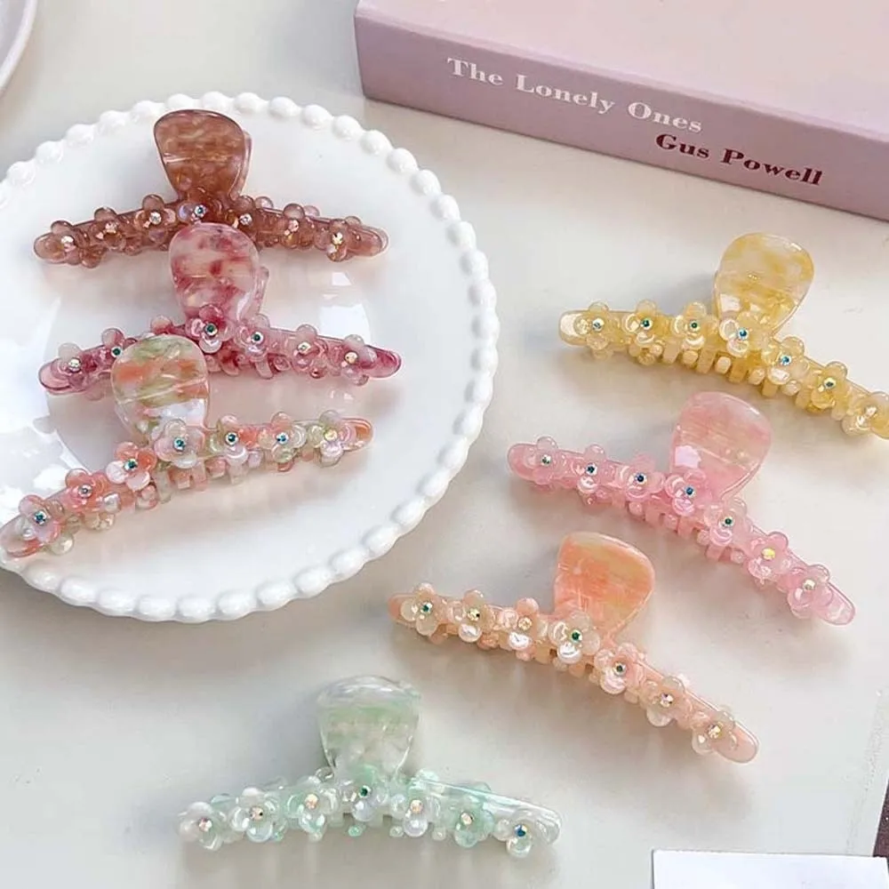

Elegant Flower Hair Claw Gradient Color Korean Style Straight Line Shaped Shark Clip Acrylic Rhinestone Acetic Acid Hair Claw