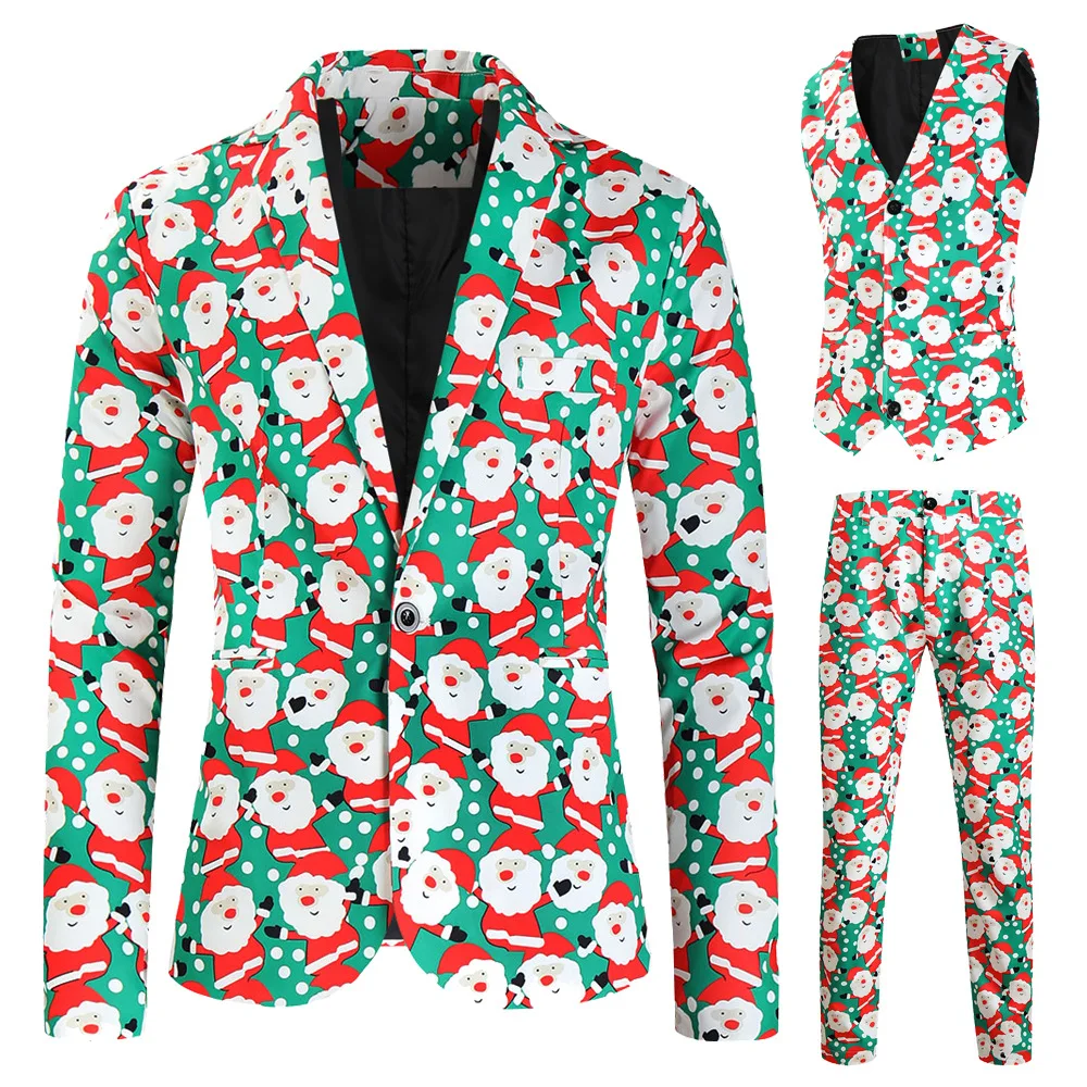 3 Piece Men Christmas Suit Snowflake Snowman Printed Casual Suit Long Sleeve Single Breasted Jacket+ Pants+vest Set for Xmas