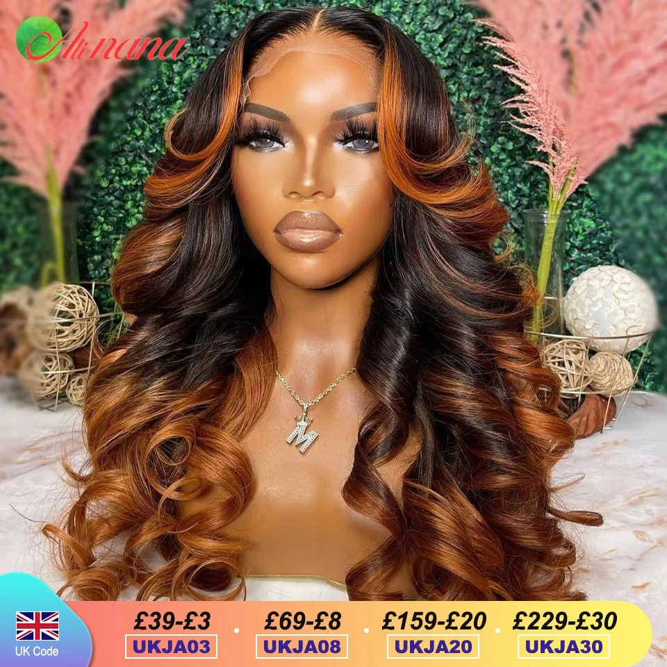 Ombre Ginger Brown Colored 13x6 HD Transparent Lace Frontal Wig Wave Pre-Plucked 12A Grade Lace Closure Human Hair Wig For Women