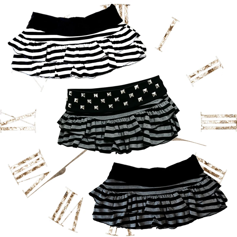

Y2K Harajuku Summer High street Retro punk rivet rock striped printed Hip-hop emo slim fit versatile subculture Sexy mini Skirts