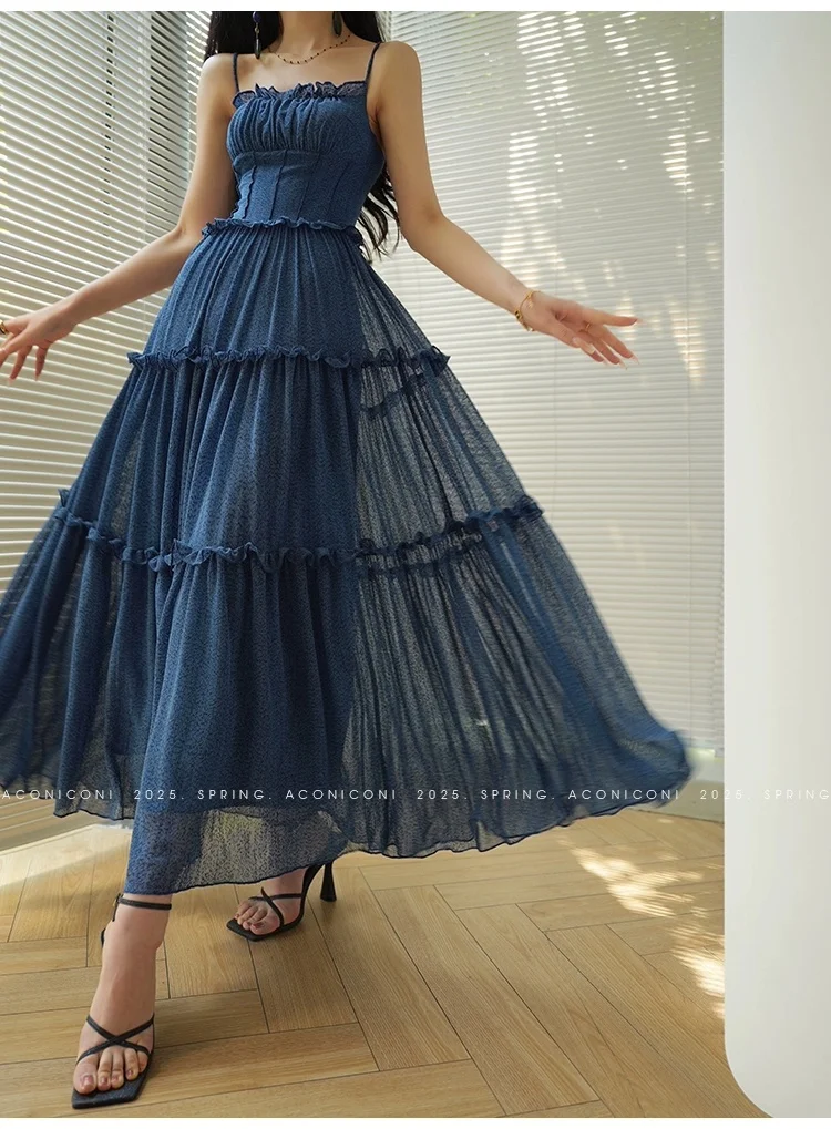 

Fairy Style Blue Strap Dress for Women's Summer Fungus Pleated Lace Slim Fit A-line Long Dress Fashion Female Clothes