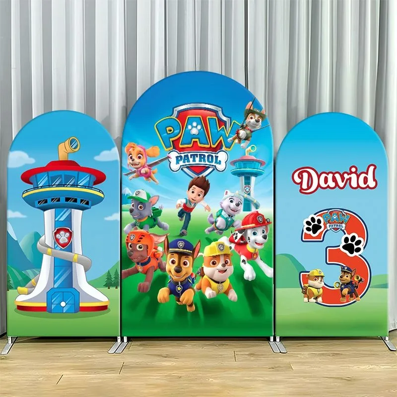 Housse de toile de fond Paw Patrol en tissu épais, personnalisable avec nom, pour décoration de fête, personnages de la tour, décoration de photomaton d'anniversaire et événements