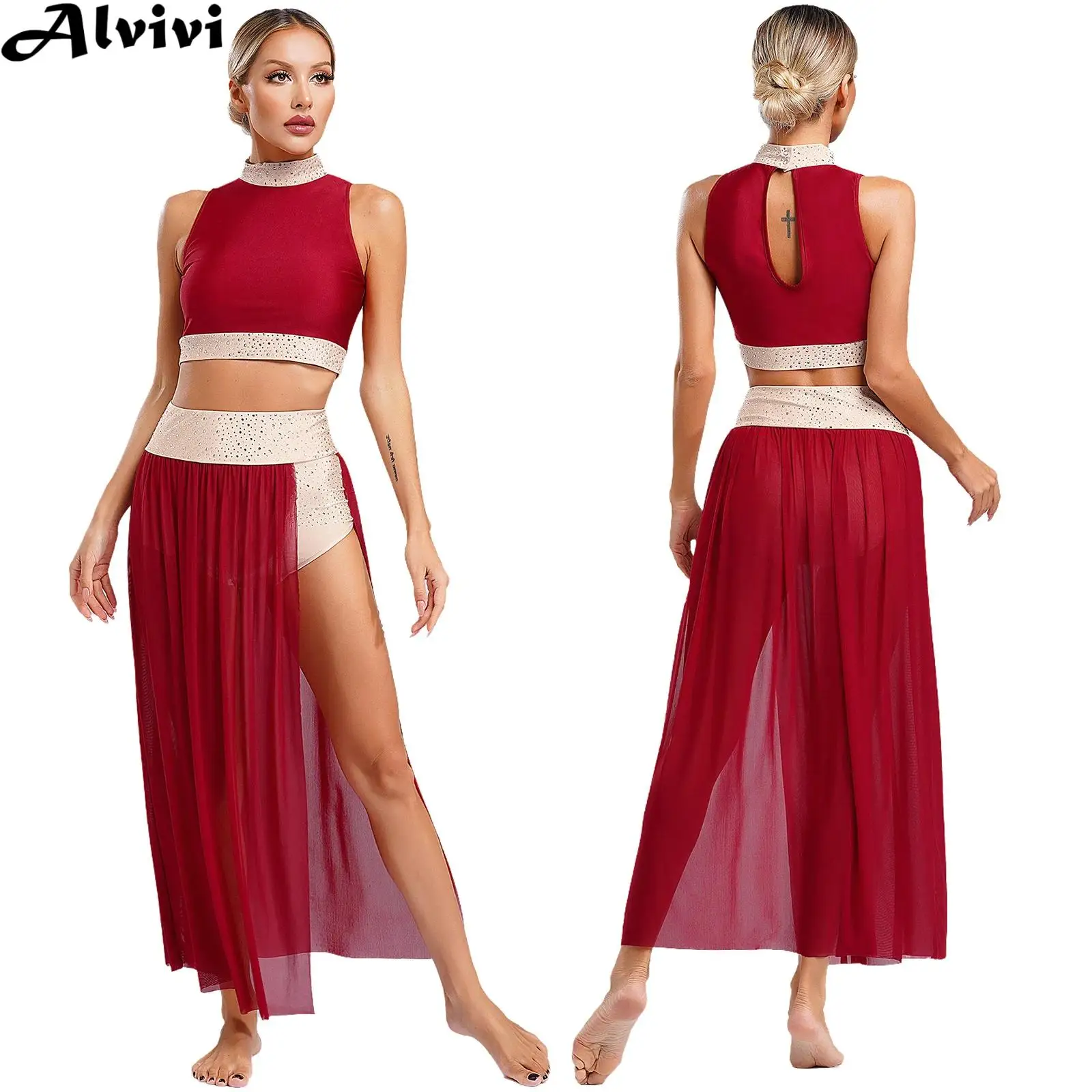 Women Shiny Rhinestone Modern Lyrical Dance Outfit Crop Top with Split Mesh Skirt Skating Gymnastics Waltz Ballroom Dancewear