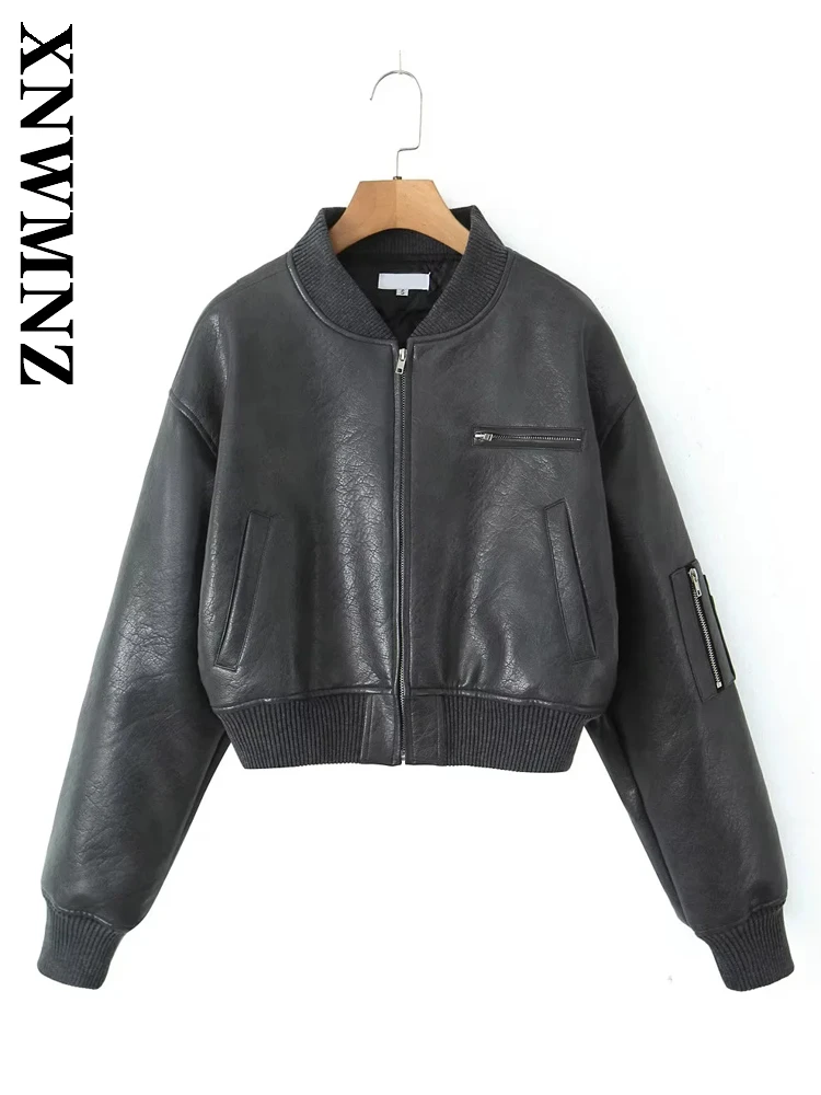 

XNWMNZ Autumn Lady Casual Simple Long Sleeve Imitation Leather Jacket Temperament Vintage Woman's V-Collar Sophisticated Coat