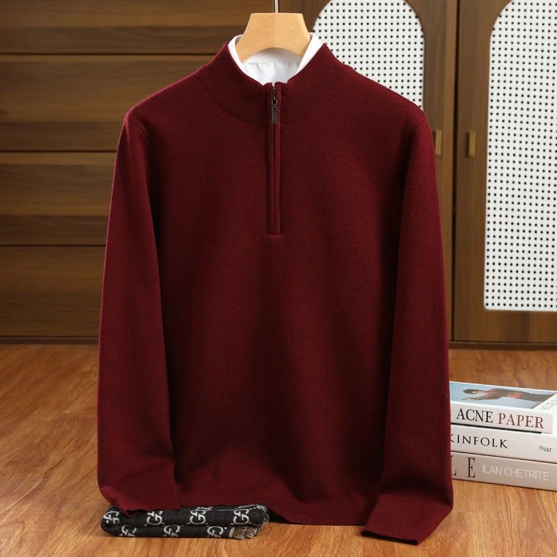 New autumn and winter men's knitted imitation wool sweater, casual and warm semi high neck men's pullover sweater Solid color