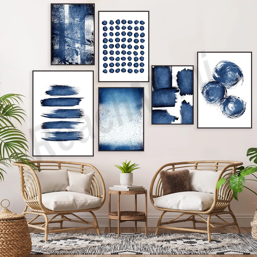 Navy blue abstract painting, brush stroke art, blue watercolor artwork, modern living room wall art, home decor poster