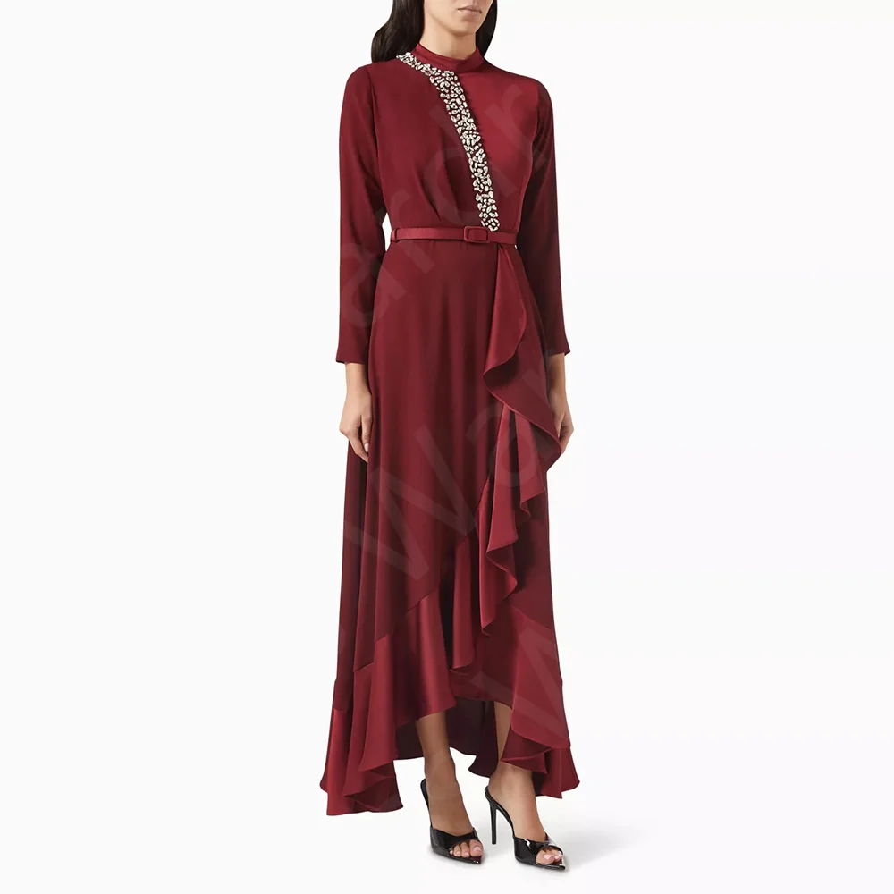 

Gorgeous Latest Evening Dresses Wine Red Prom Party Gowns 2024 Long Sleeves High Neck Wedding Guest Dresses Burgundy High Low