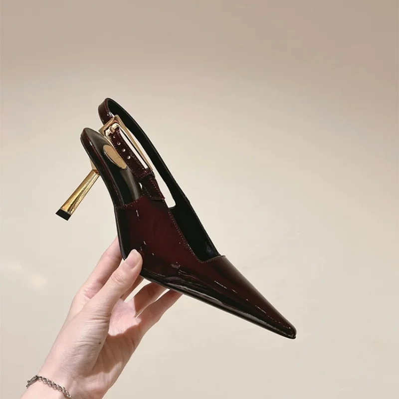 

Pointed Toe High Heels Sandals for Women Wine Red Patent Leather Gold Metal Stiletto Heels Shallow Mouth Back Empty Single Shoes