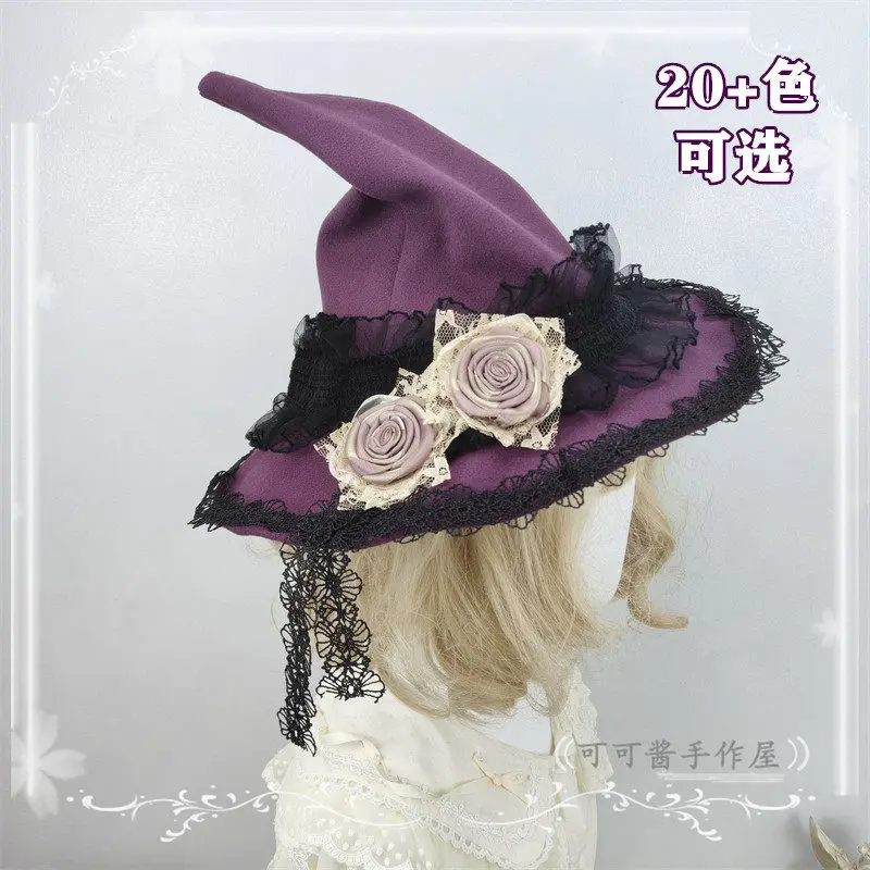 Halloween Wizard Hats Lolita Goth Rose White Burgundy Hat for Women Multi-color Original Pointed Witch Hat