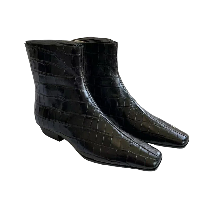

Maxdutti French Retro Crocodile Pattern Square Toe Ankle Boots Minimalist Genuine Leather Comfortable Autumn Winter Chelsea Boot