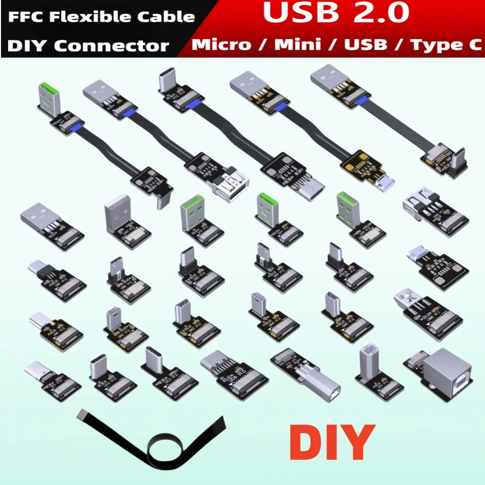 

Ленточные плоские разъемы FPV USB 2.0 Гибкий кабель Raspberry Pi 4 Micro/Mini USB Type C 90 градусов Тонкий кабель FFC 10 см 20 см 25 см