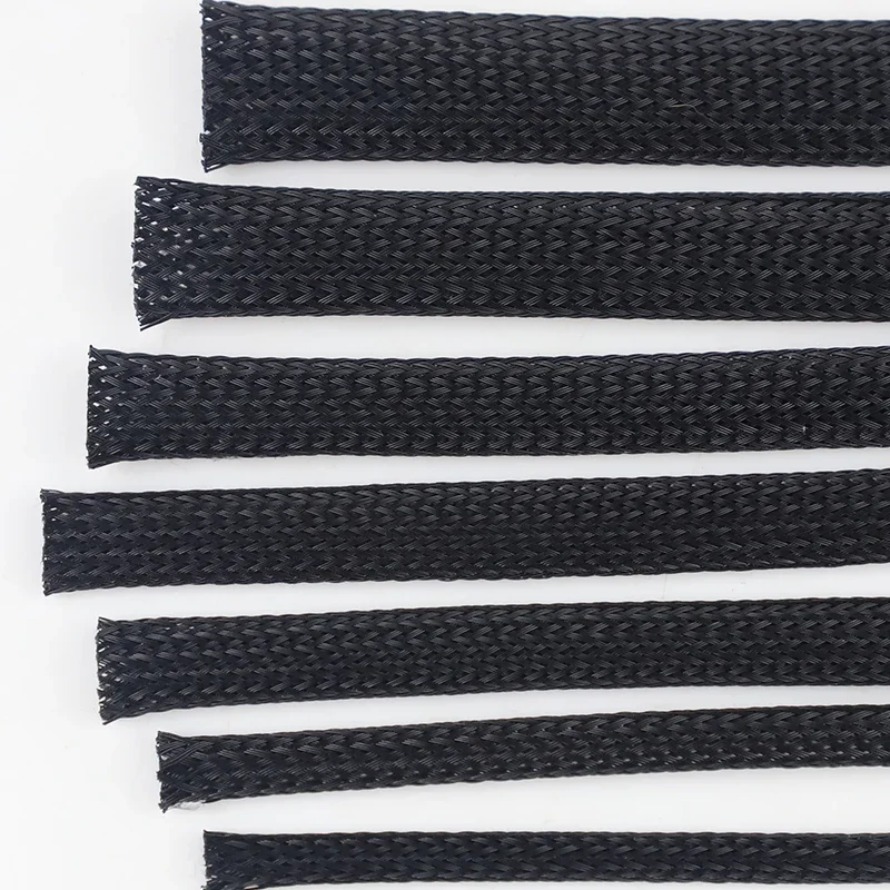 Black Encrypted Flame Retardant PET Elastic Woven Wire Mesh Expandable Braided Sleeving Flexible Wire Protection Sleeve