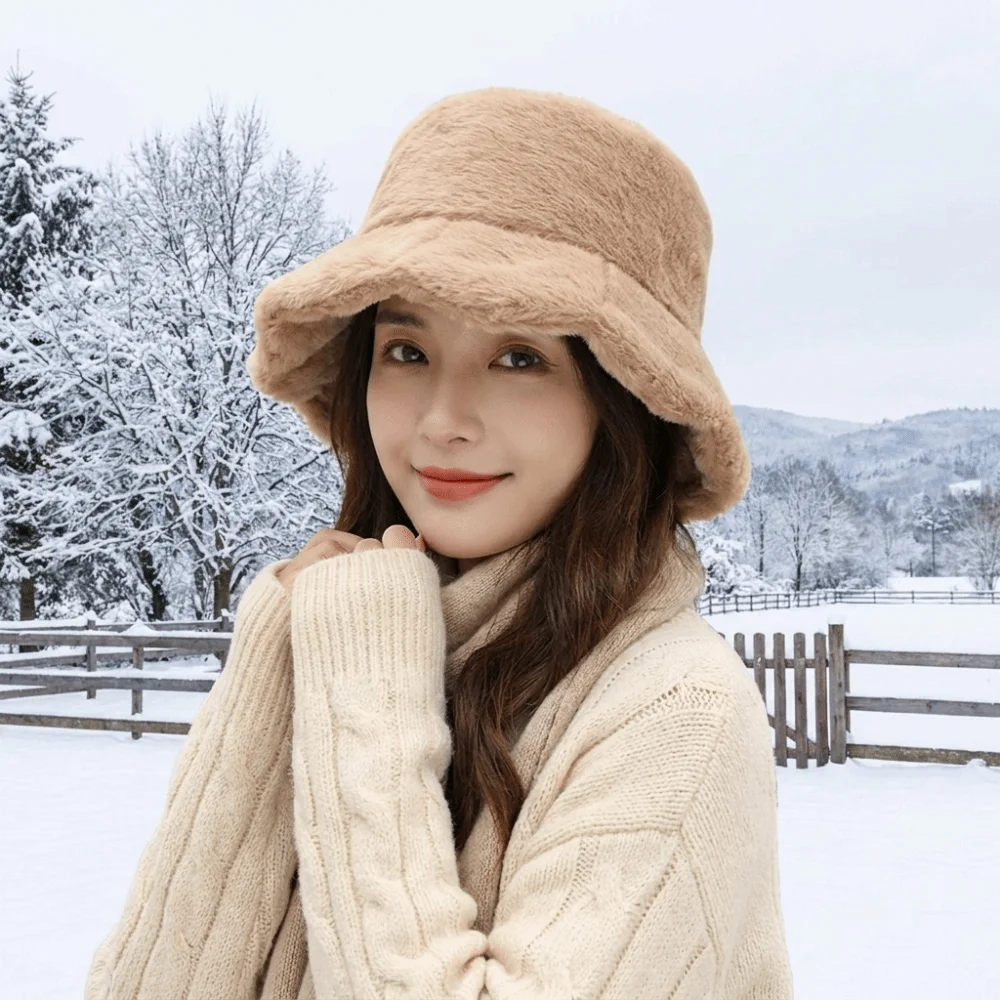Gifts Solid Color Faux Fur Bucket Hat Cold -proof Windproof Fisherman Hat Warmer Adjustable Winter Panama Hat Daily