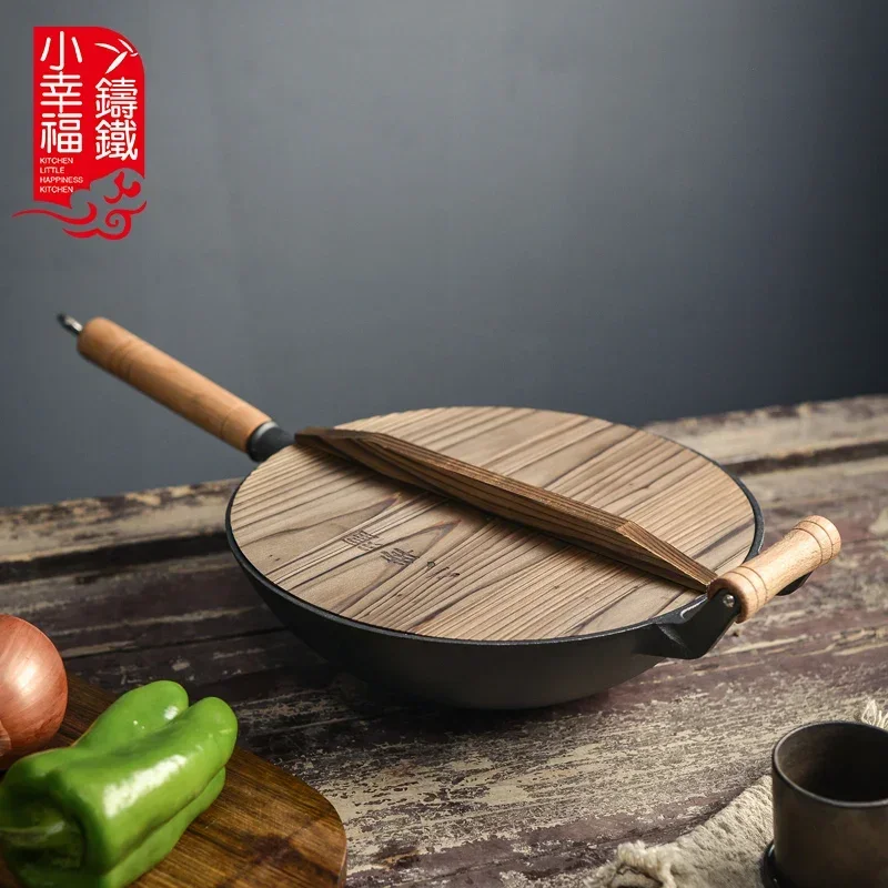 Cast iron household wok multi-function  old-fashioned cast  pan uncoated non-stick  with round bottom