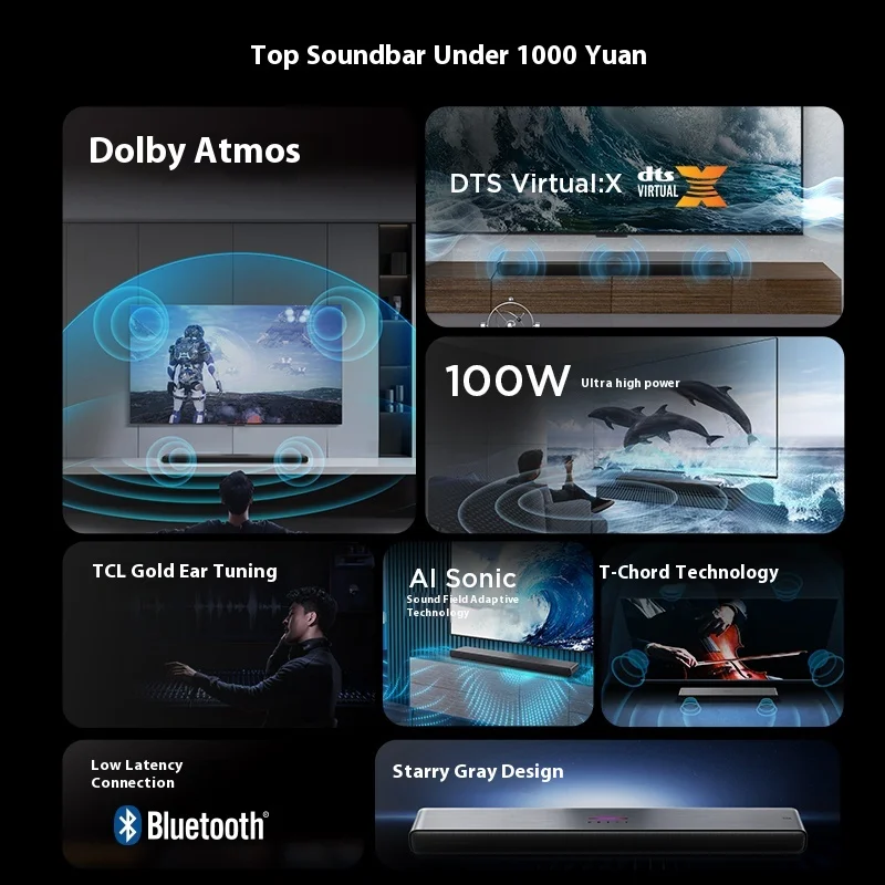 TCL Soundbar S45H Dolby Atmos DTS Virtual: X 100W مكبرات صوت Dolby Home عالية الطاقة AI Sonic الكمون المنخفض بلوتوث SBC فك هدية #2