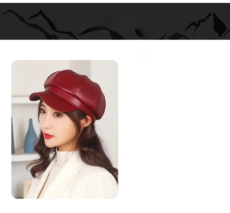 Neue Frauen PU Leder Berets Kappe Hut Schwarz Rot Außen Einstellbar Weibliche Herbst Winter Casual Dame Kappe Hut Für Frauen – Detail 3