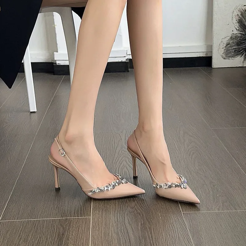 

2026 New Nude Rhinestone Stiletto Heels Sexy Pointed Toe One-Strap Womens Sandals Elegant Demeanor Women's Shoes Sandalias Mujer
