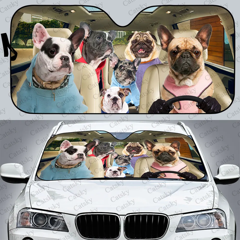 Dressed Puppy Bulldog Car Sunshade Decoration, Dog Windscreen Sunshield for Car Window Sunshade Cover Foldable Uv Ray Reflector